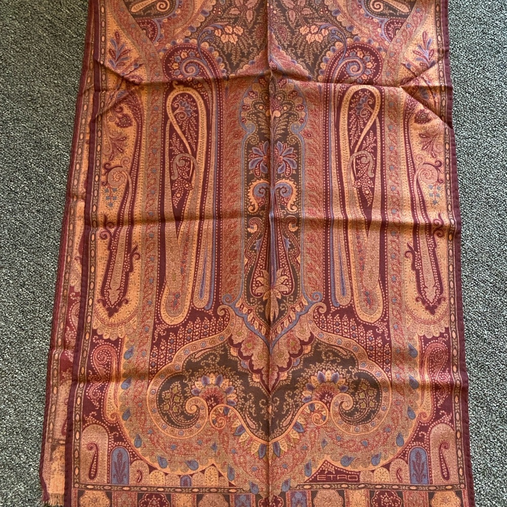 Etro Wool and Silk Scarf in Burgundy and Blue